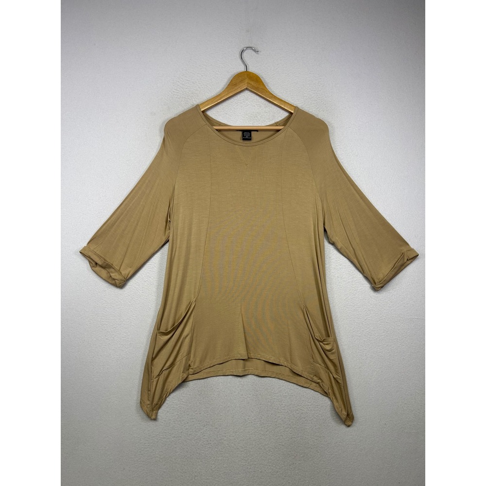 Minimalist Lagenlook‎ NWT Robert Louis Women M Khaki Sharkbite Hem 3/4 Slv Tunic